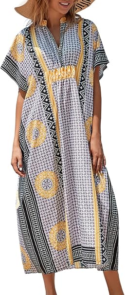 Amazon Youkd レディース おしゃれな ふんわり 薄手 ビーチカバー カフタン ボヘミアン ビーチドレス 水着 日焼け止め 冷房対策 リゾート 南の島 体型カバー 普段着 オーバーウェア 通販