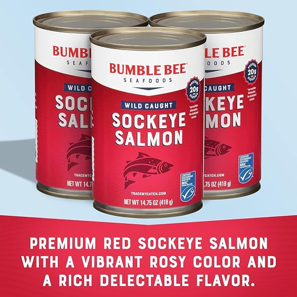 BUMBLE BEE CANNED RED SOCKEYE SALMON, 14.75 OZ CAN – PREMIUM WILD CAUGHT SALMON WITH SKIN & BONES – 20G PROTEIN – MSC CERTIFIED SUSTAINABLE SEAFOOD, NON-GMO, GLUTEN FREE, KOSHER