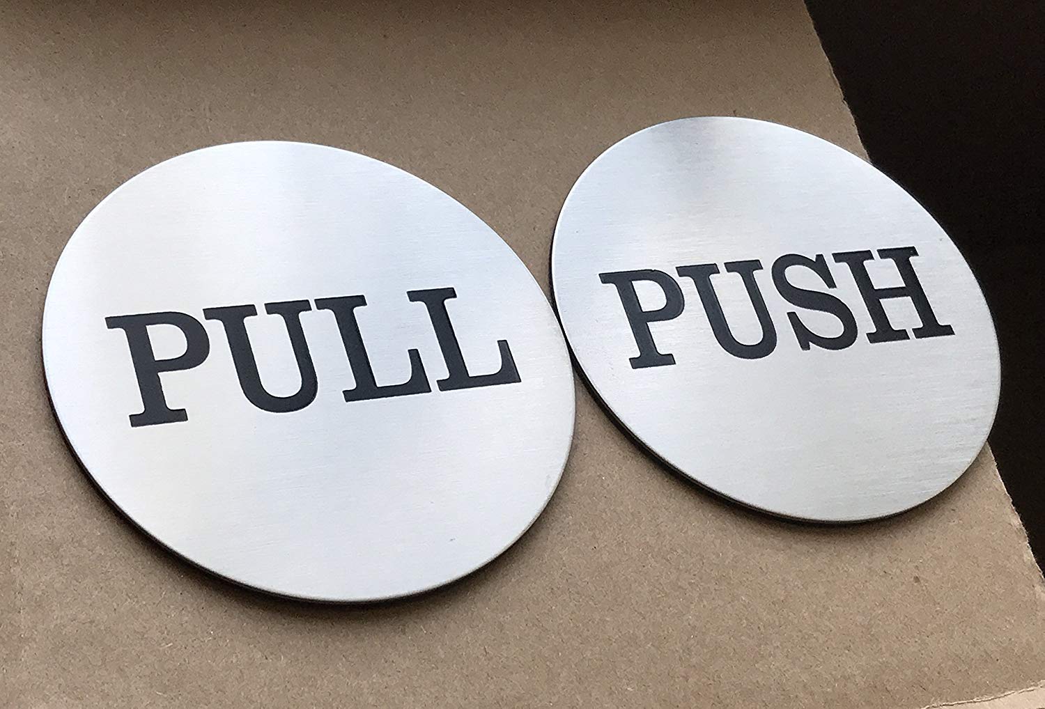 Coolest 2" Round Push Pull Door Signs (Brushed Silver) - 304 Grade Stainless Steel (Pair of 1)