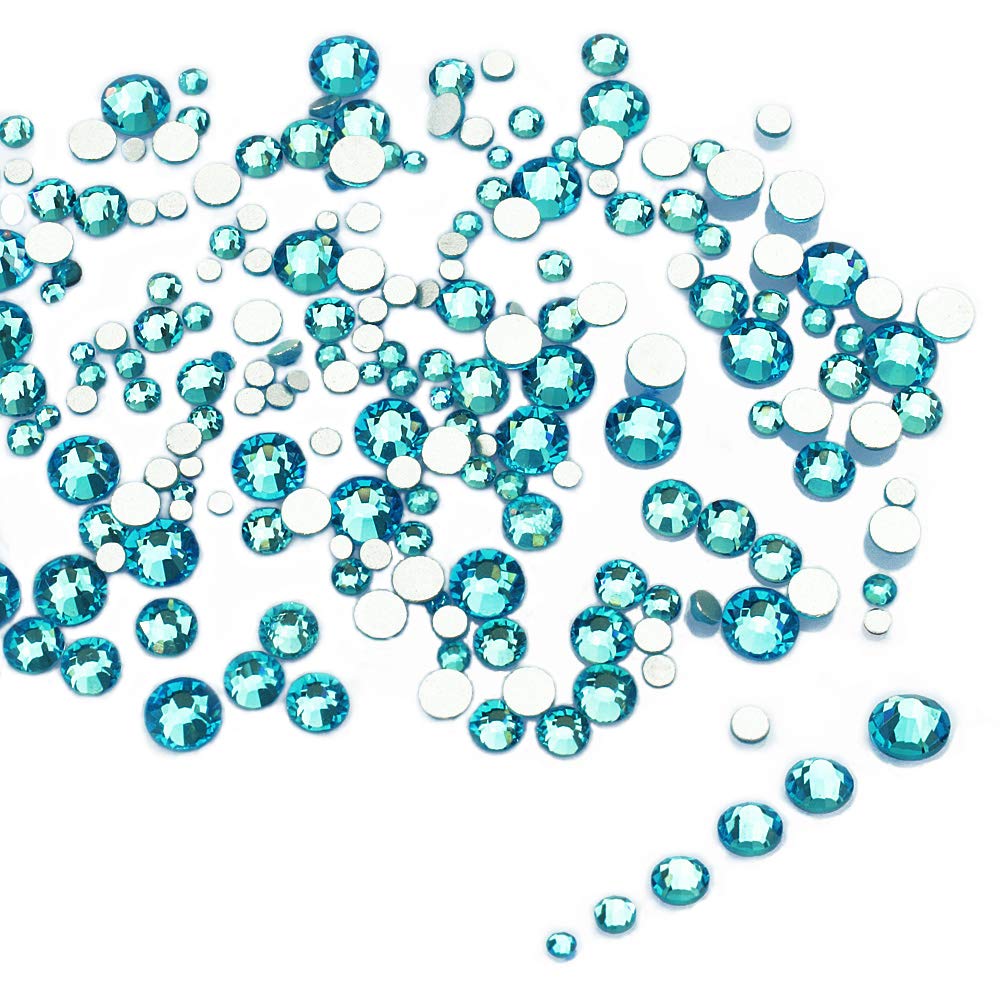 LolliBeads Resin Crystal Round Nail Art Mixed Flat Backs Acrylic Rhinestones Gems,Mix Size 1.5-5 mm, Color Aquamarine Blue (1200Pcs)