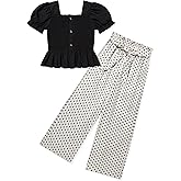 FoWear Girls Clothes Solid Color Square Collar Stretch Top and Wide Leg Pants Clothes for Teen Girls 6-14Y