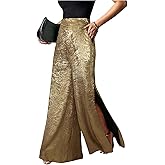 MakeMeChic Women's Metallic Split Side Hem Long Pants High Waist Wide Leg Loose Trousers with Pockets