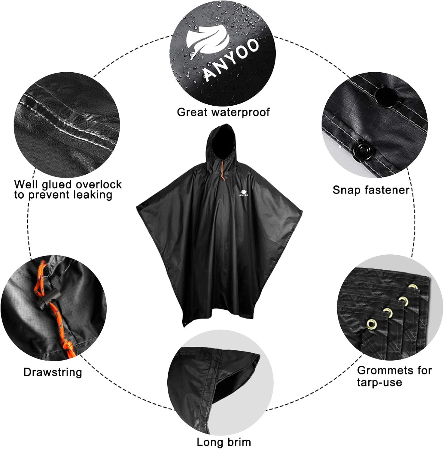 Anyoo Waterproof Rain Poncho Lightweight Reusable Hiking Hooded Coat Jacket for Outdoor Activities (X Black) at  Men’s Clothing store