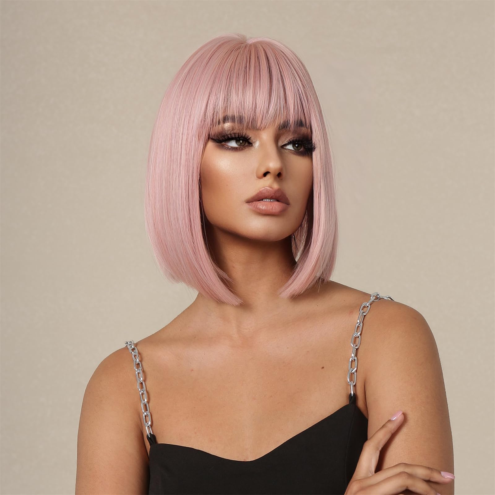Sapphirewigs Pink Wigs for Women Pink Bob Wig with Bangs Short Hair Daily Party Natural Looking 12 inch — image 1