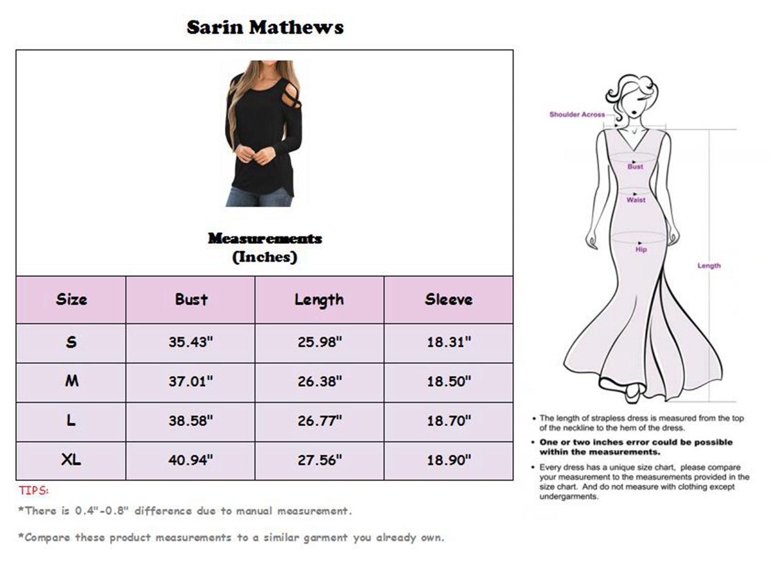 Sarin Mathews Womens Strappy Cold Shoulder Long Sleeve Tunic Tops Casual Loose Basic T Shirts Black XL