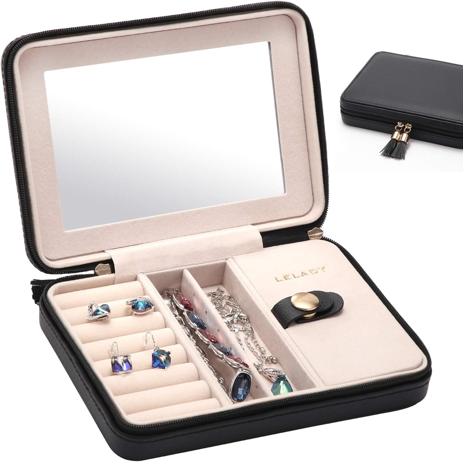 LELADY Small Jewellery Box for Women Girls, Travel Jewellery Case PU Leather Jewellery Holder for Rings Earrings Necklace (Black)