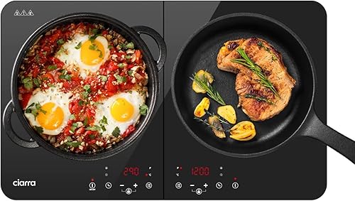 CIARRA Portable Induction Hob 2800W Double Cooking Zones with Touch Control Ceramic Glass Panel 9 Power Levels Timer Child and Safety CUTIH2