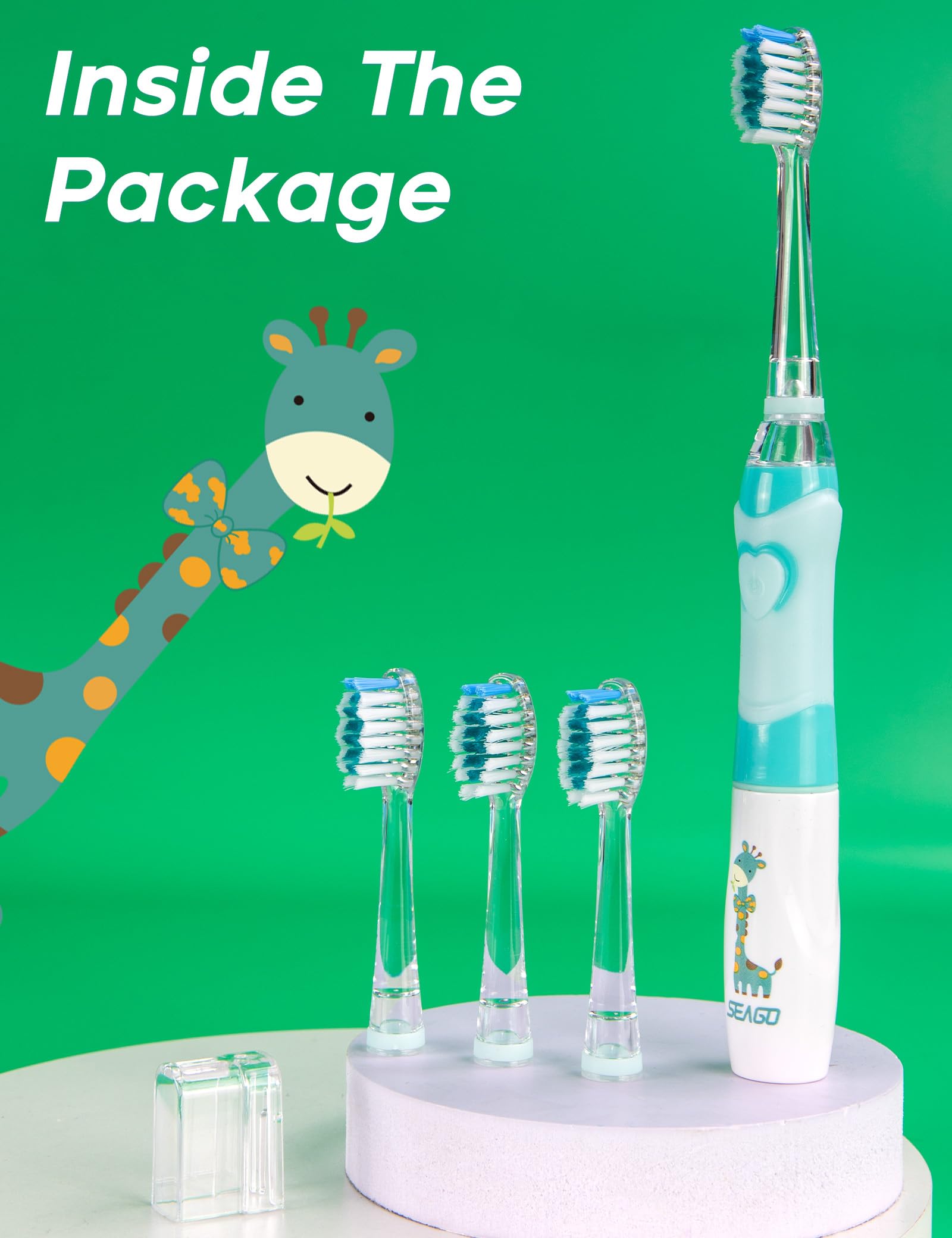 SEAGO Kids Electric Toothbrush with 2 Mins Brushing Timer and 4 Replacement Bursh Heads, Rainbow LED Light Make Brushing Fun, Green Color Boys Battery Powerd Toothbrush for 4-12 Years Old，SG-977