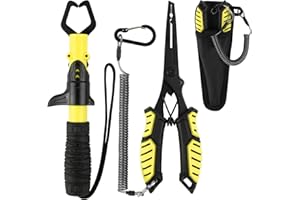 mouhike Fishing Pliers, Fish Lip Gripper Fishing Tools Kit Muti-Function Saltwater Fishing Line Cutter Hook Remover with Sheath Lanyard, Fly Ice Fishing Gear Fishing Gifts for Men Women