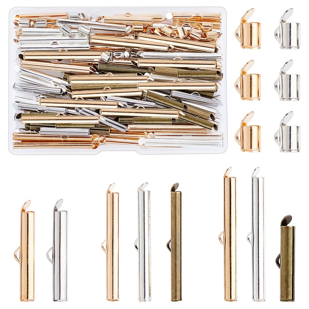 PH PandaHall 10 Styles Slide On End Clasp, 100pcs Jewellery Tube End Bar Slider Ends Brass Tubes Clasp Crimp Terminators for Seed Beads Waist Beads Multi-Strand Necklace Bracelet Making