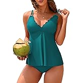 ANFILIA Two Piece Tankini Swimsuits for Women Scallop Trim V Neck Tankini Top with Bottom Tummy Control Bathing Suit