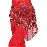 ZLTdream Women's Belly Dance Tassels Triangle Hip Scarf With Coins Sequins
