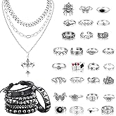 Liliaafar 37 Pcs Grunge Vintage Punk Jewelry Bracelet Set Gothic Layered Cross Pendant Necklace Vintage Silver Knuckle Rings Rock Leather Studded Bracelets Adjustable Emo Accessories for Women Men
