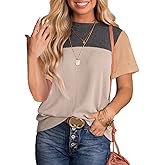 BLENCOT Women Tops Color Block Crewneck Casual Oversized Tshirts Knit Summer Tees Blouse S-2XL