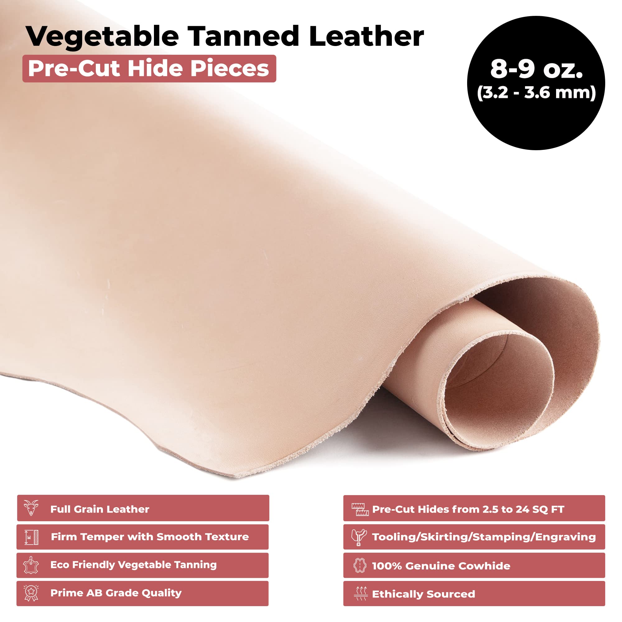 ELW Vegetable Tanned Leather Shoulder Pre-Cut 4-6 SQ FT | 8-9 oz. (3.2-3.6mm) Full Grain Leather Cowhide Craft Hobby Workshop Tooling, Repair, Carving, Dyeing, Engraving, Wet Molding