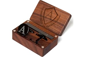 PROPHET CLUE PC Mens Initial Cufflinks and Tie Clip A-Z Alphabet Letter Black Stainless Cuff Links Tie Bar with Engraved Walnut Wood Box Groom Groomsman Wedding Set