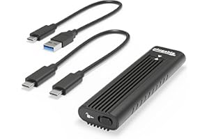 Plugable USB-C M.2 NVMe SSD Enclosure; Tool-Free & Driverless. USB 3 Type-C, including Thunderbolt and USB4, at 10Gbps. For M.2 NVMe SSDs 2230 to 2280 PCIe Gen 3 and 4. USB C and USB A cables included