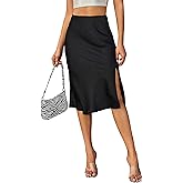 ALCEA ROSEA Women High Waist Silky Satin Midi Skirt Elastic Waist A Line Skirt with Slit