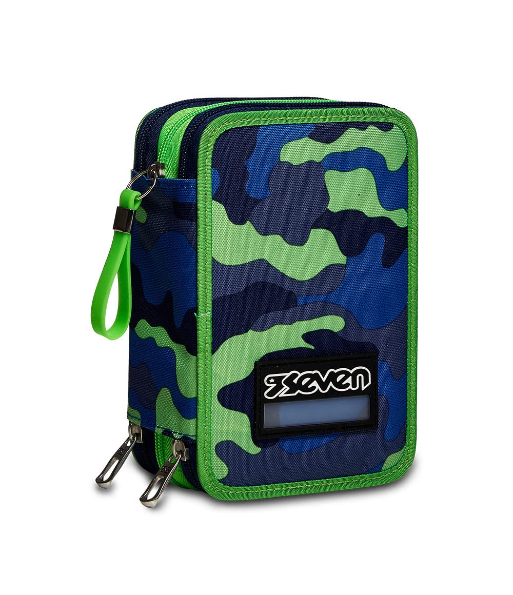 Seven 3-Zip Case, Blucamo Boy, Equipped with Pencils, Markers etc.., Blue, School and Leisure