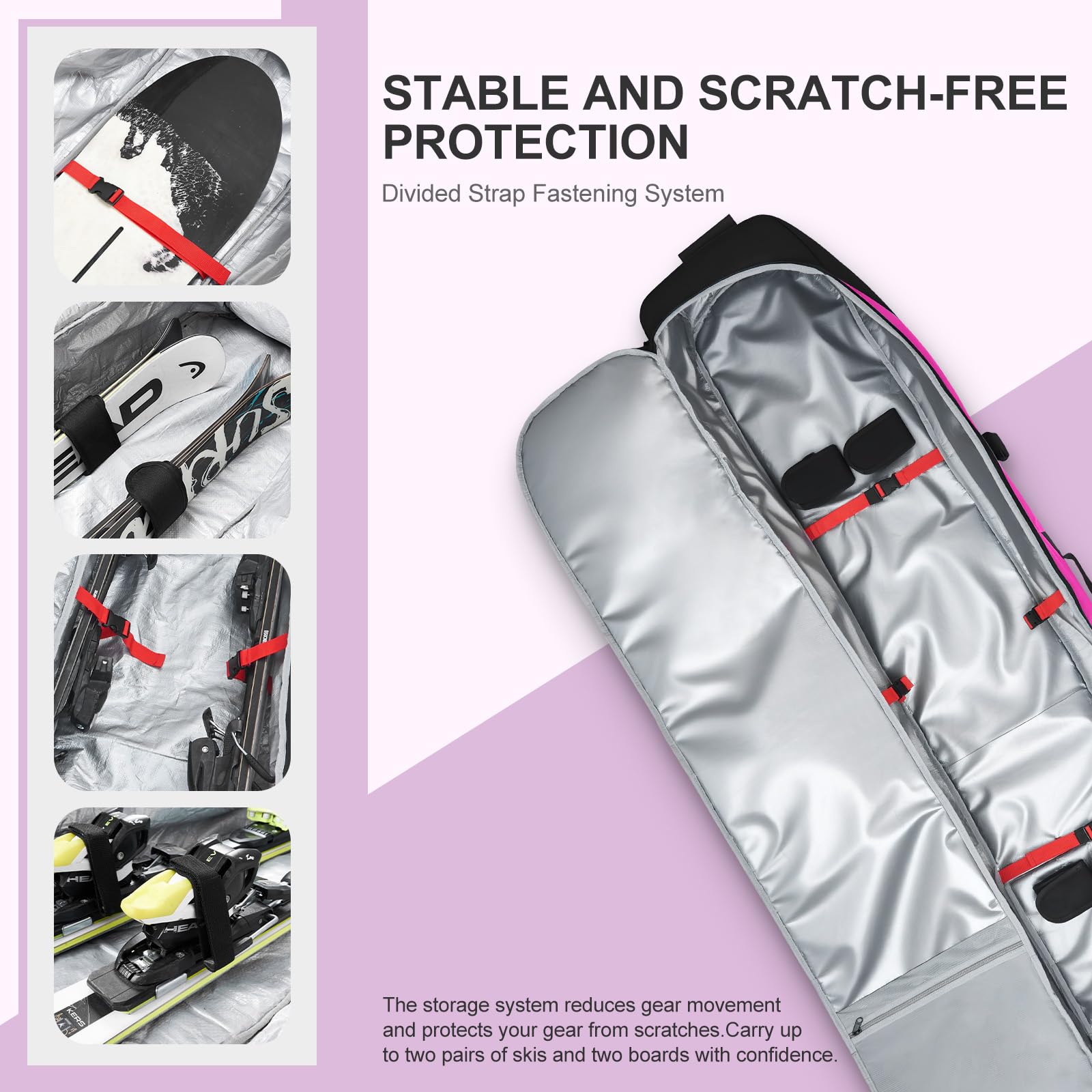 Odoland Rolling Ski Bag, Padded Snowboard Bags and Ski Boot Bag with Wheels for Air Travel, 900D Water Resistant Oxford Fabric, Fits Skis Up to 170cm, Purple