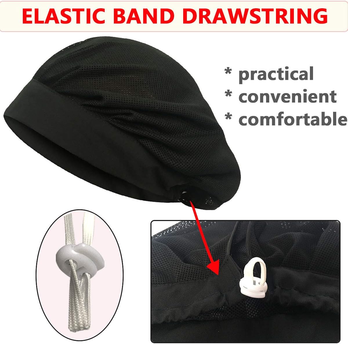 4 Pack Chef Hat Kitchen Cooking Chef Cap Adjustable Food Service Hair Nets Reusable Washable Mesh Bouffant Beanie (One Size, 4 Pack-Drawstring Black): Clothing