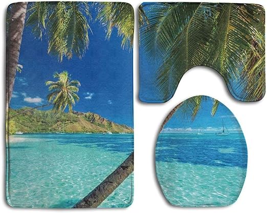 Badezimmerteppich Set Motiv Tropische Insel Mit Palmen Und Helles Meer Und Strand 3 Teilig Turkis Blau Amazon De Kuche Haushalt
