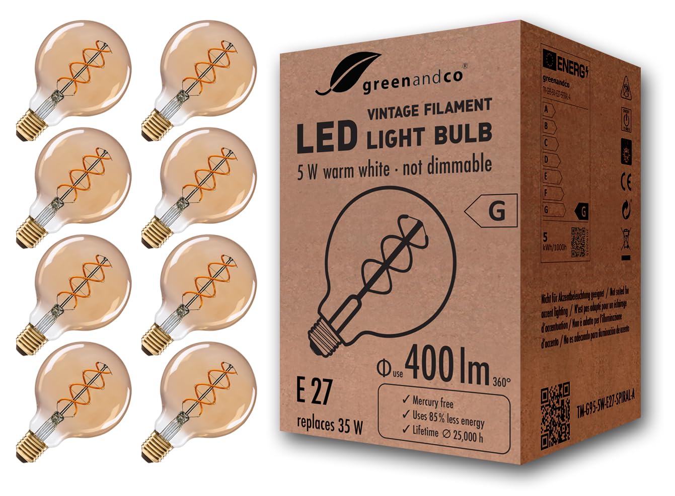 greenandco® E27 G95 LED Vintage Filament Bulb 5W Replaces 35W 400lm 2000K Extra Warm White 360° 230V, no Flicker, not dimmable, 8-Pack