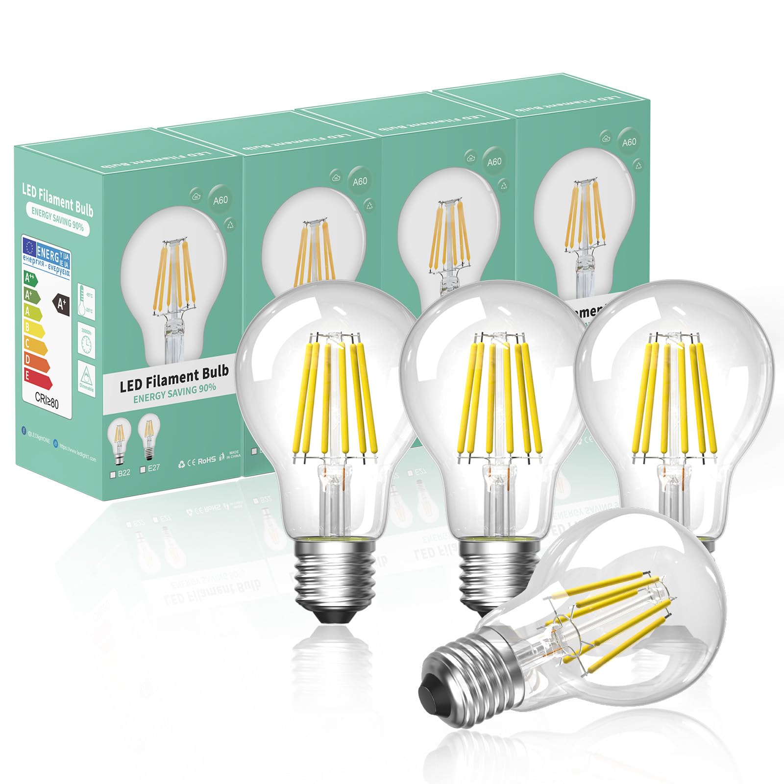 Bonlux LED e27 Edison Screw Dimmable Filament Light Bulb Cool White 6000K ES A60 GLS Shape Antique Classic Lamp Bulb 60W-75W Halogen Equivalent 750LM Energy Saving Bulb(4-Pack)