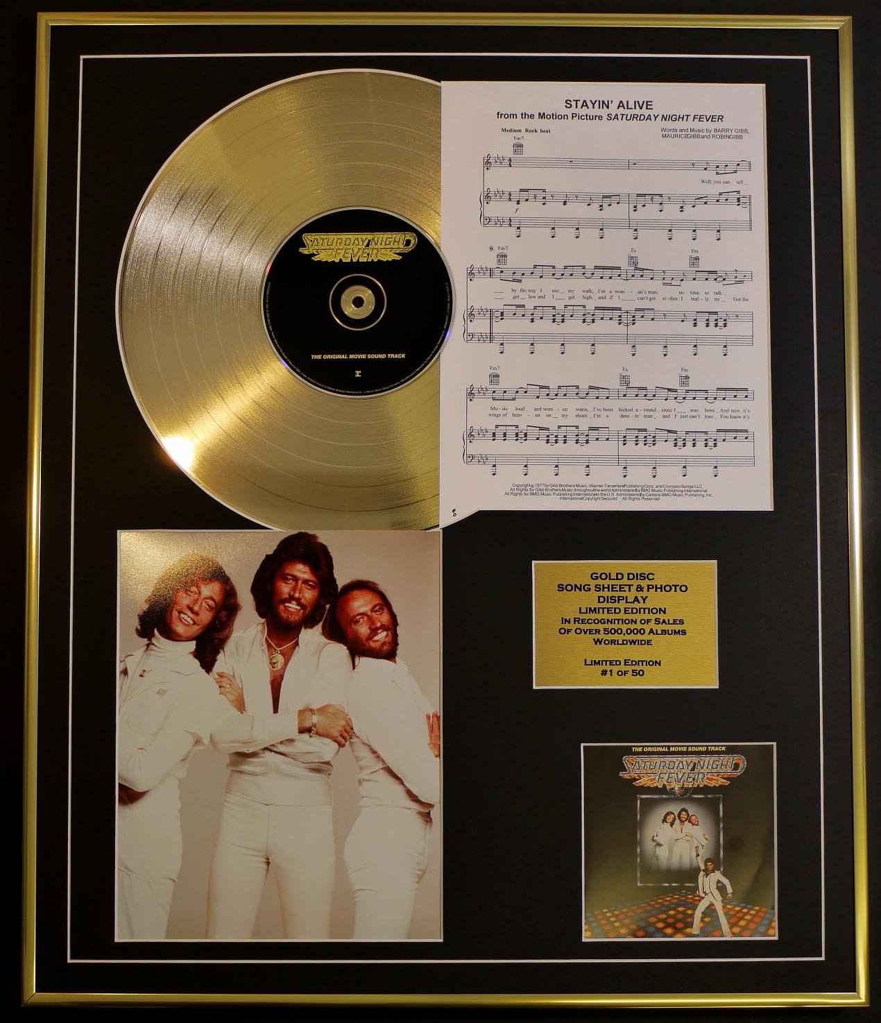 BEES GEES/CD GOLD DISC, SONG SHEET & PHOTO DISPLAY/LTD. EDITION/COA/ALBUM, SATURDAY NIGHT FEVER/SONG SHEET, STAYIN' ALIVE