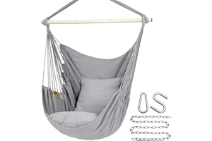 Y- Stop Hammock Chair Hanging Rope Swing Chair, Max 500 Lbs, 2 Seat Cushions Included, Removable Steel Spreader Bar with Anti-Slip Rings, Hardware kit-for Indoor or Outdoor(Light Grey)
