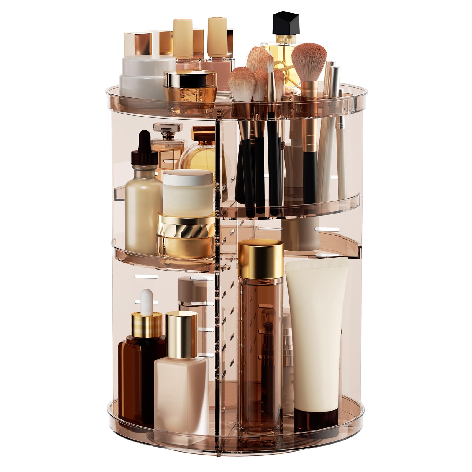 Photo 1 of Rotating Makeup Organizer Countertop, DIY Adjustable Trays Spinning Skincare Organizers, Cosmetic Display Shelf with Perfume & Brush Holder, Multi-Function Desk Storage Carousel for Vanity Bathroom