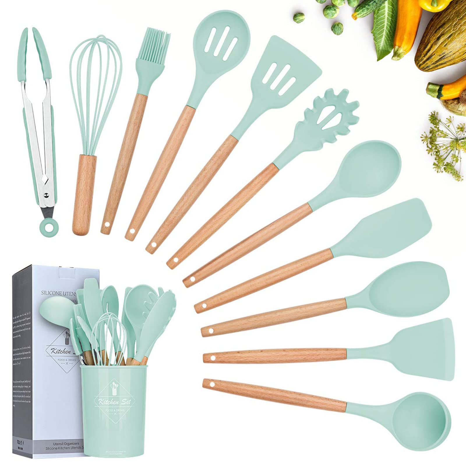 Lychee Kitchen Utensil Set Silicone Cooking Utensils - 12 Pieces Cooking Spatula Turner Heat Resistant Tools with Wooden Handle for Nonstick Non Scratch Cookware Kitchen Gadgets Set (Light Green)