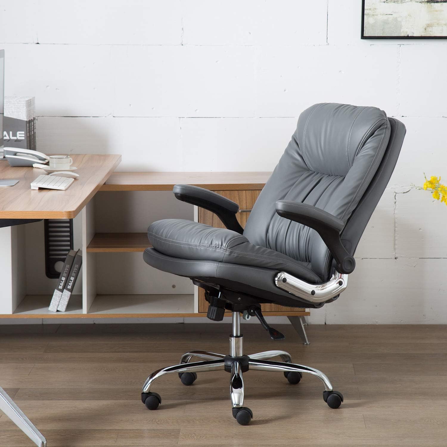 YAMASORO High-Back Executive Office Chair Big and Tall Home Office Desk Chairs PU Leather Ergonomic Computer Chair for Heavy People,with Flip Arms and Wheels,Swivel, Black: Furniture & Decor