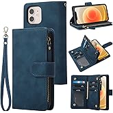 RANYOK Wallet Case Compatible with iPhone 12/12 Pro (6.1 inch), Premium PU Leather Zipper Flip Folio RFID Blocking Wallet with Wrist Strap Kickstand Protective Case - Blue