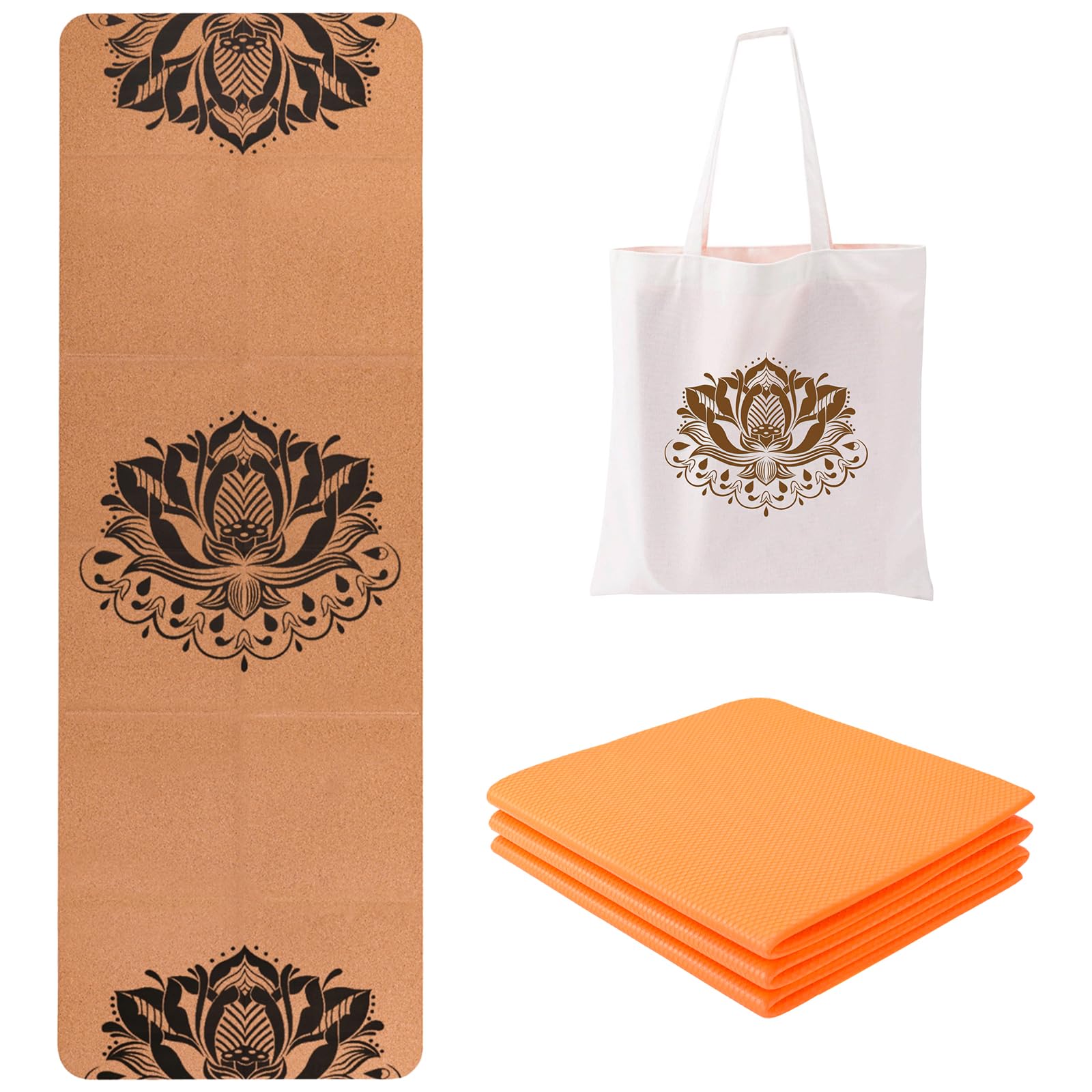 EKE Cork Folding Yoga Mat, 5mm Thickness, Standard Size, Foldable, Lightweight and Portable, Suitable for Yoga, Pilates, Fitness, Sports, Training, Comes with Canvas Carry Bag Good Gift