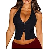 Milumia Women's Sexy Deep V Neck Halter Corset Top Hook Eye Backless Split Hem Party Club Crop Tank Tops