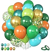 Dinosaur Balloons, 12 Inch Dark Green Teal and Orange Balloons, Metallic Gold Fruit Green Gold Confetti Balloon with Ribbons for Boys Baby Shower Jungle Safari Birthday Party Decorations