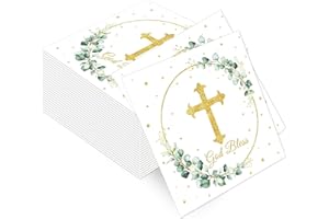 100Pcs God Bless Napkins with Gold Cross and Eucalyptus Design, 6.5x6.5 Disposable Religious Napkins for Baptism First Commun