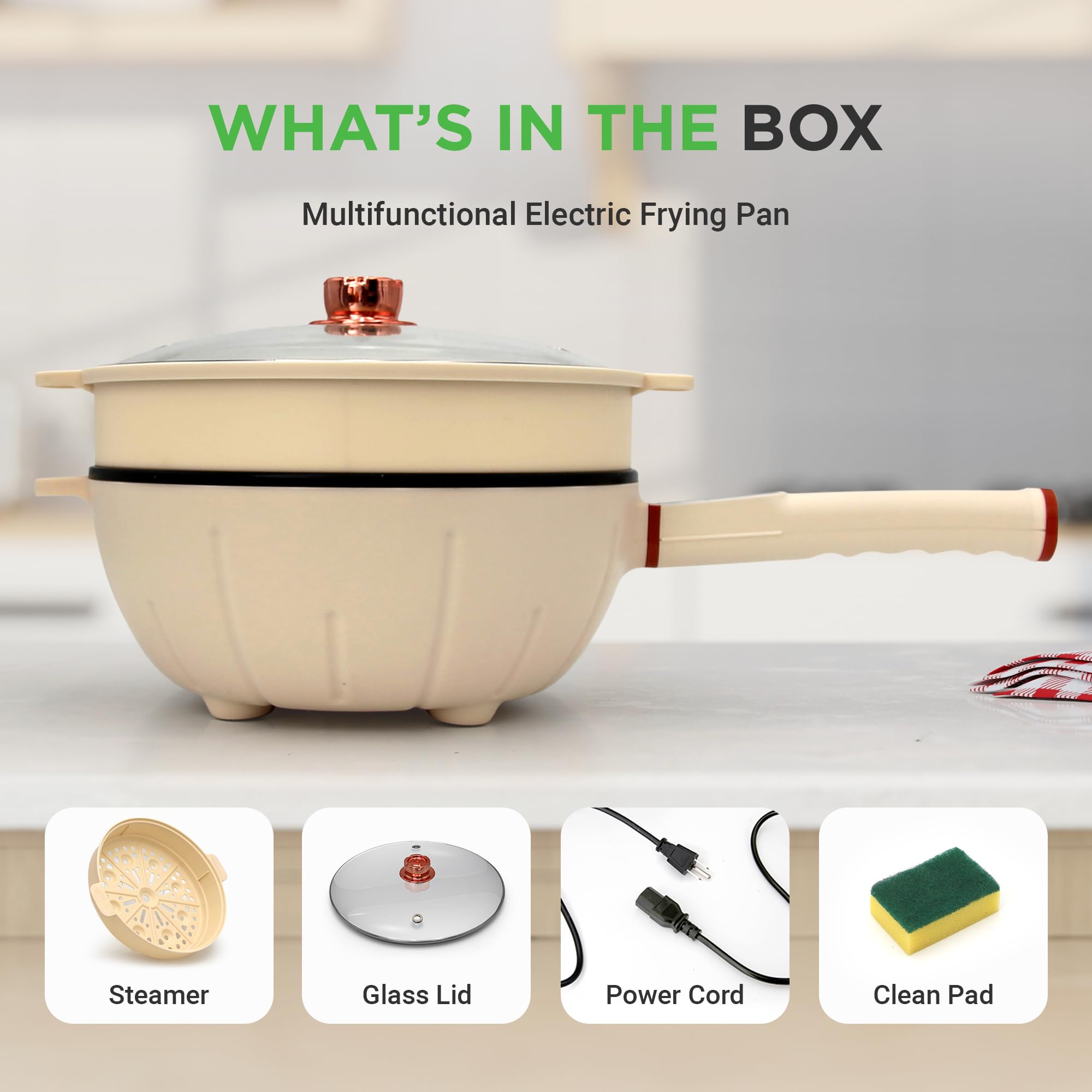 NutriChef 2 In 1 Electric Frying Pan & Steamer 8 Quarts | Portable Non-Stick Skillet for Cooking | Durable Heat Safe Handle | Touch Control Panel | 7 Cooking Functions & Electric Hot Pot | White