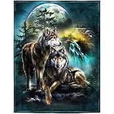 HommomH 60"x80" Blanket Soft Fluffy Fleece Throw for Sofa Bed Moon Wolf Green