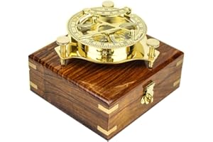 5" Triangular Beautiful Nautical Sundial Compass with Level Meter Encased in Genuine Rosewood Anchor Inlaid Case | Maritime Decor Gifts | Nagina International (Polished Brass)