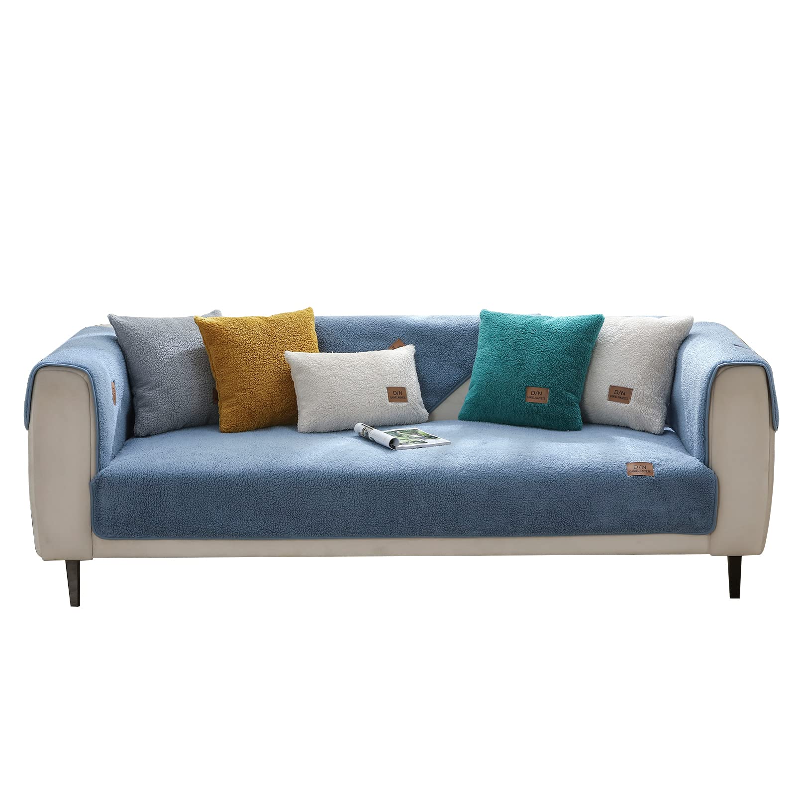 VanderHOME Sofa Cover 1 2 3 4 Seater, Lambswool Couch Cover,Universal Non-Slip Corner Sofa Cover L Shape Super Soft Autumn Winter Sofa Slipcovers for Living Room 45 * 45cm-Blue-Pillowcase(2 PCS)
