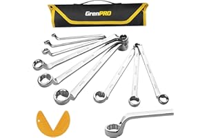 GRENPRO Wrench Set, Offset Wrench Set Metric and Standard, 10PC 6-23mm 75-Degree Large Wrench Kit Tool With Roll Up Pouch With 1 Gauge, Extra Long Big Double Box End Wrenches Sets with 6 Point