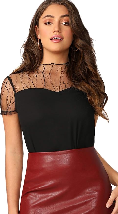 Download MakeMeChic Women's See Through Sheer Mesh Mock Neck Short Sleeve T Shirt Black XS at Amazon ...