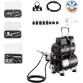 VEVOR Airbrush Kit, 1/6 HP, Air Brush Kit with Air Compressor and Tank, 3 Dual-Action Professional Airbrushes with 3 Tips, Hose, Acrylic Paint, 2 Fans, for Cake Decorating, Model Painting, Nail Art