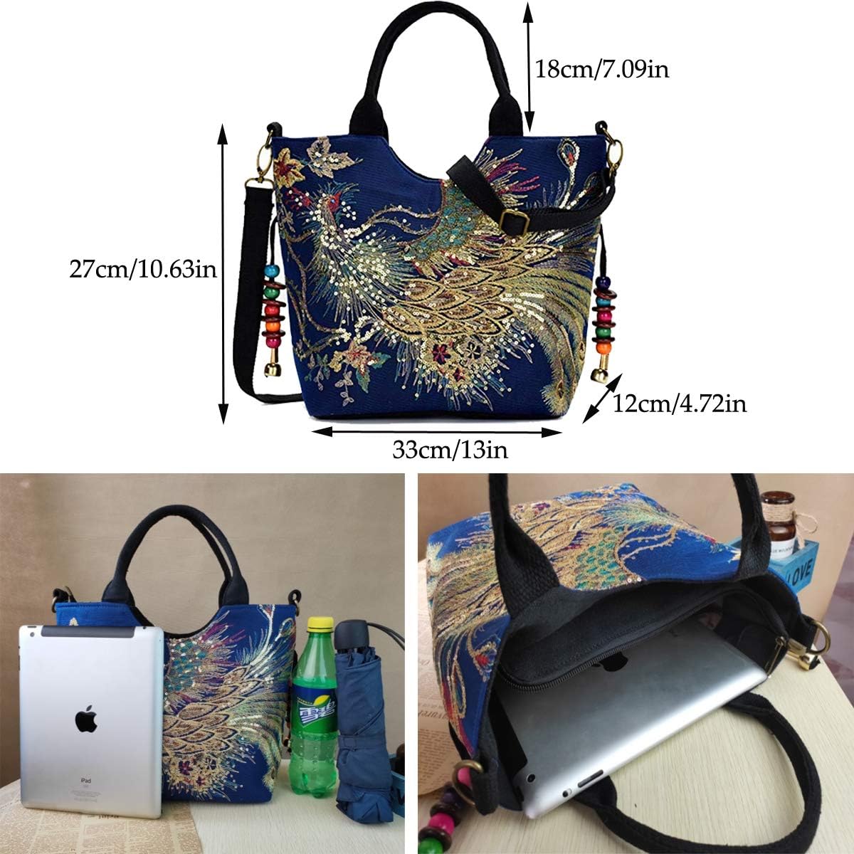 Puyang Women Sequins Peacock Embroidery Ethnic Handbag Crossbody Purse Ladies Canvas Tote Shoulder Bag with Pendants(Black) - Image 3