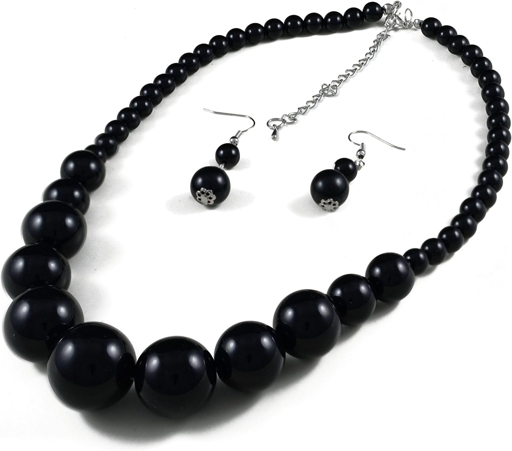 Black Graduated Bead Necklace with Matching Earring