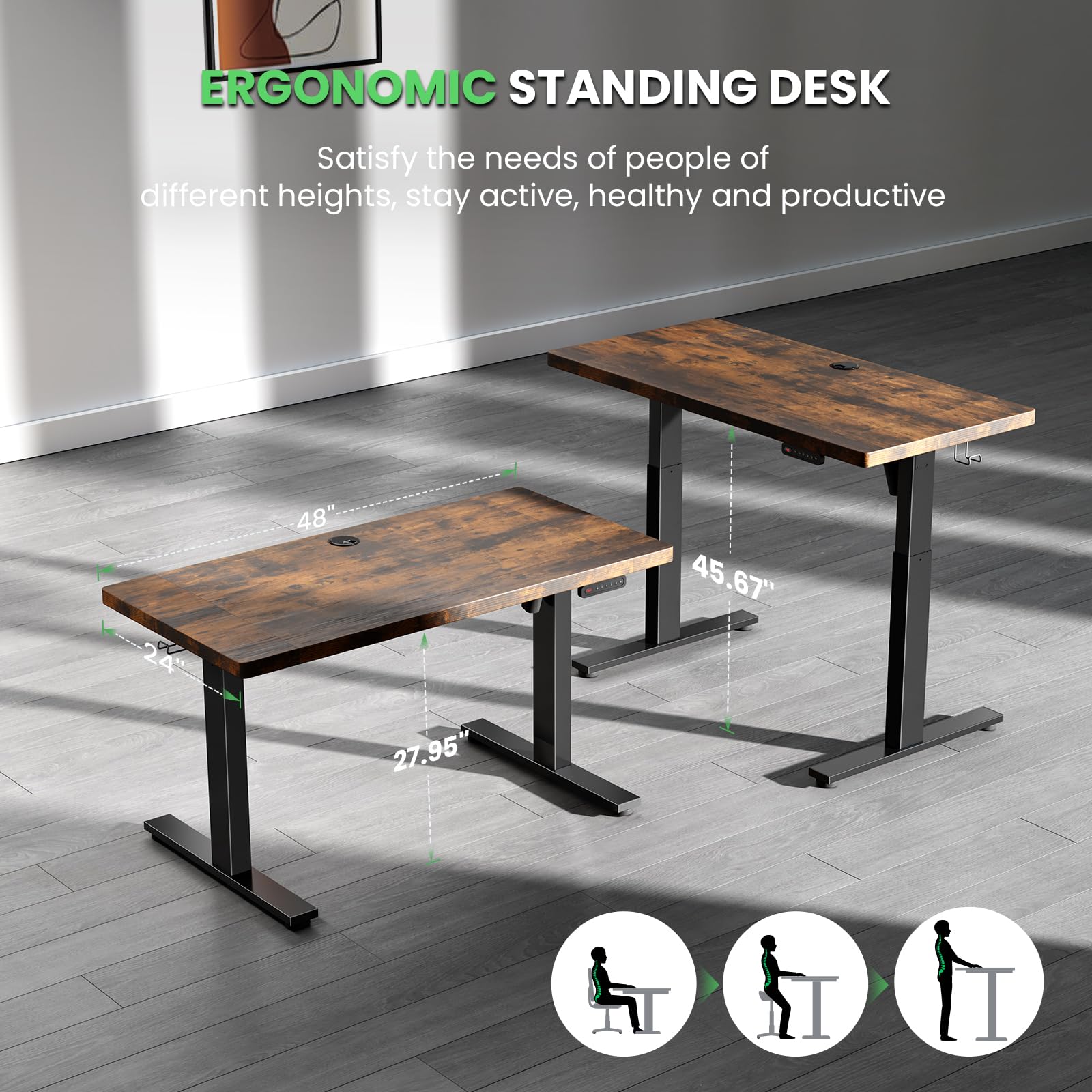SIAGO Electric Standing Desk Adjustable - 48 x 24 Inch Sit Stand up Desk with Cable Management - 3 Memory Preset Adjustable Height Table