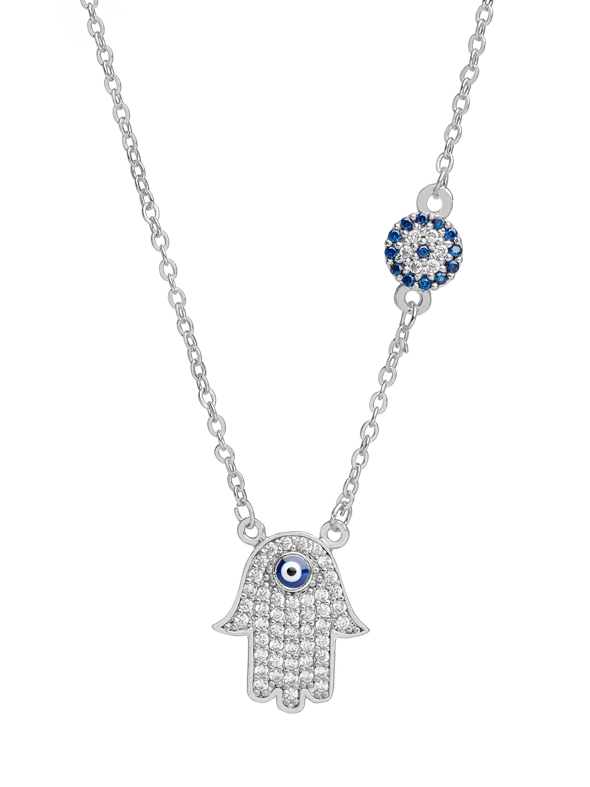 Remi Bijou Necklace with 2 Pendants 'Hand of Fatima' or 'Hamsa' and 'Evil Eye' with Rhinestones - Silver Colour