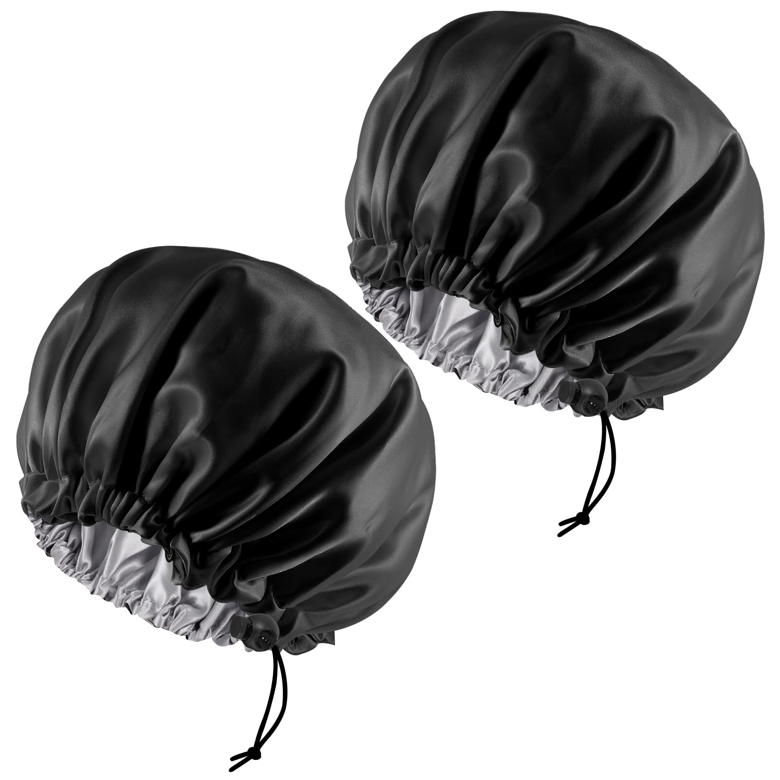 2 Pieces Adjustable Bonnet, 36cm Double Sided Satin Sleep Caps Night Sleep Hat for All Hair Lengths Women Curly Natural Hair Head Cover(Black)